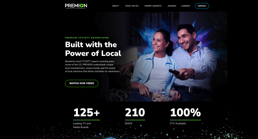 Premion Home page industry-leading CTV/OTT ad platform for regional & local advertisers. With directly-sourced inventory from 125+ premium publishers